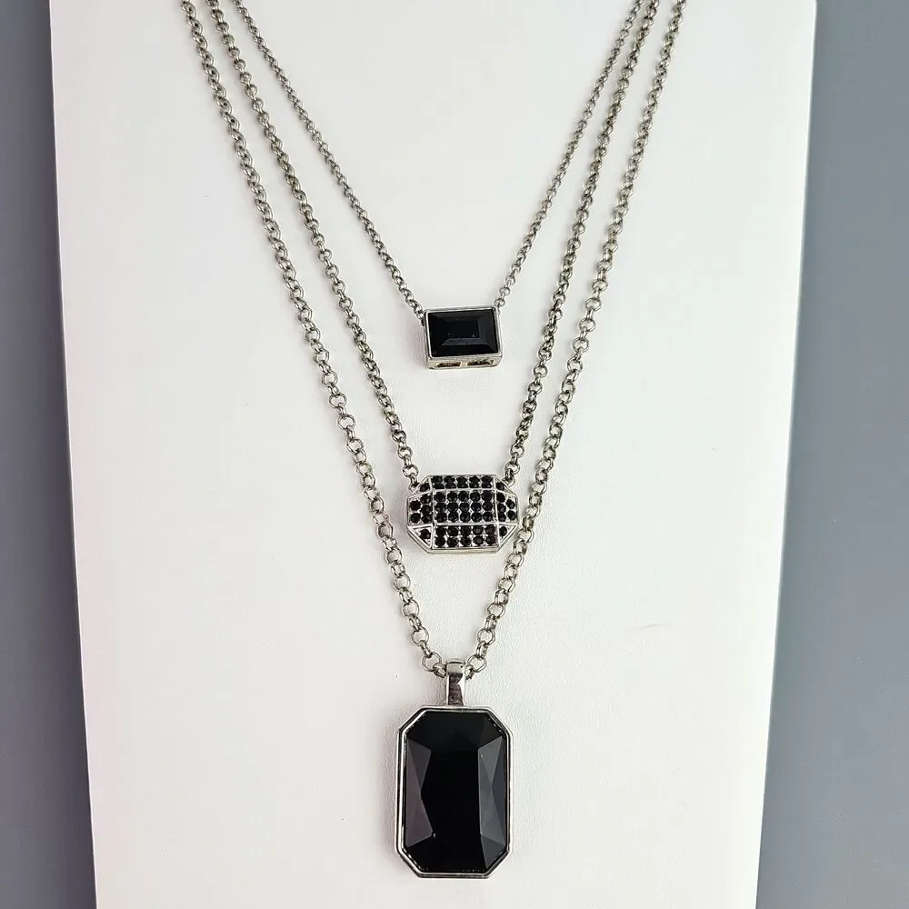3 Layered Chain Necklace Black Theme Pendants Silver Tone 22 26 30 inch